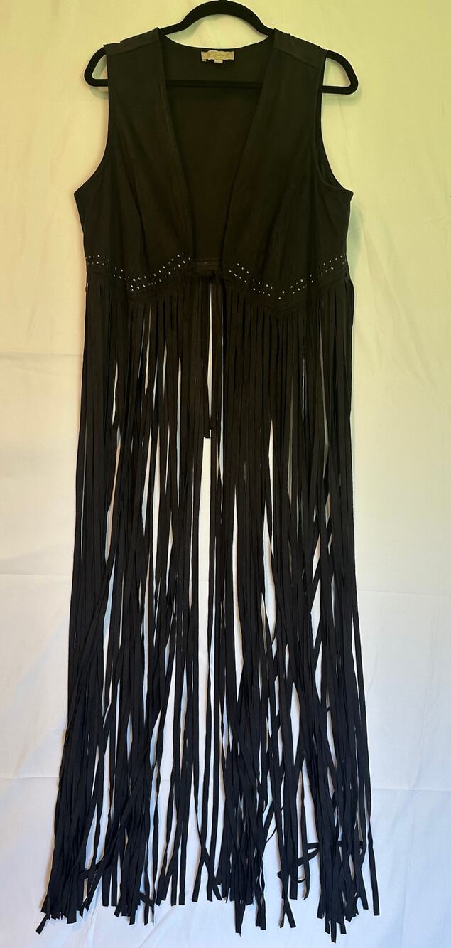 XL Black Fringe Vest Long Duster Boho Western Sleeveless